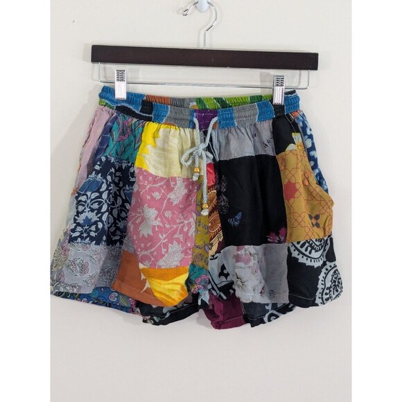Advance Patchwork Shorts Womens Small Medium Boho Drawstring Rayon India Festiva - Picture 1 of 8